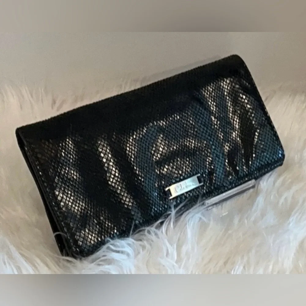 Cole Haan Black Snakeskin Leather Wallet Clutch Continental